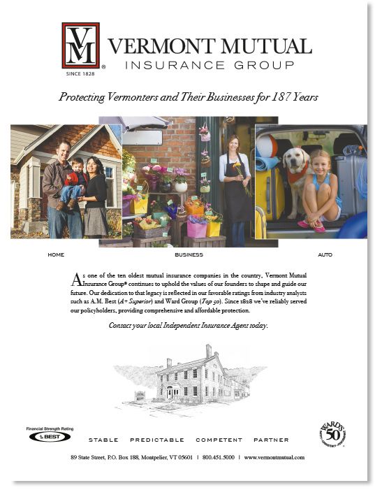 Print advertisement showing photos with a family in front of a house smiling, a floral shop business owner smiling in front of their building and a little girl smiling with her dog in the back of a car