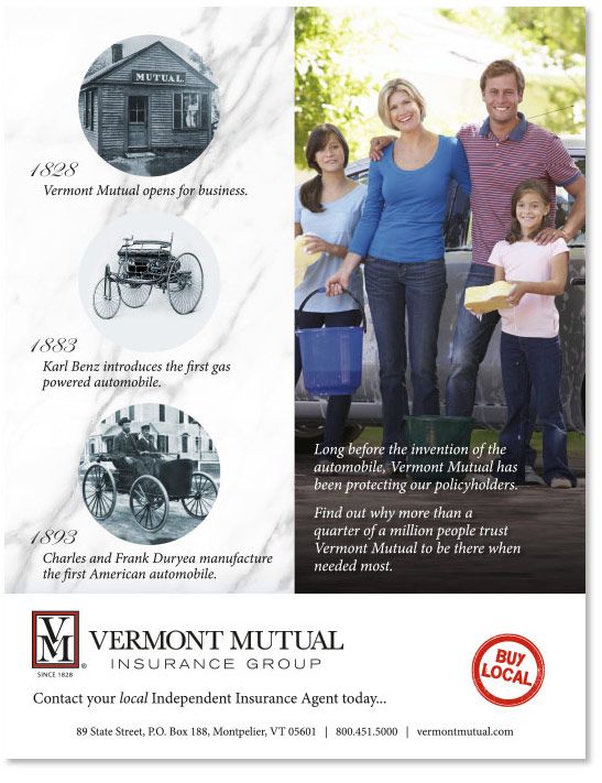 Print Advertisement showing historical timeline of Vermont Mutual in left column and picture of a family smiling in front of a car they are washing in the right column