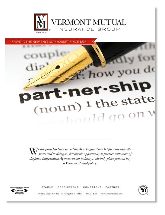 Print advertisement showing a fountain pen pointing out the word Partnership on a page with large print